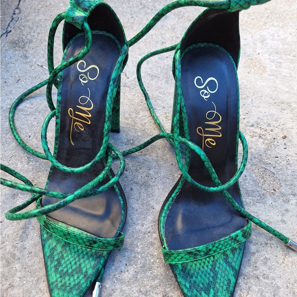So Me Emerald Snakeskin Heels